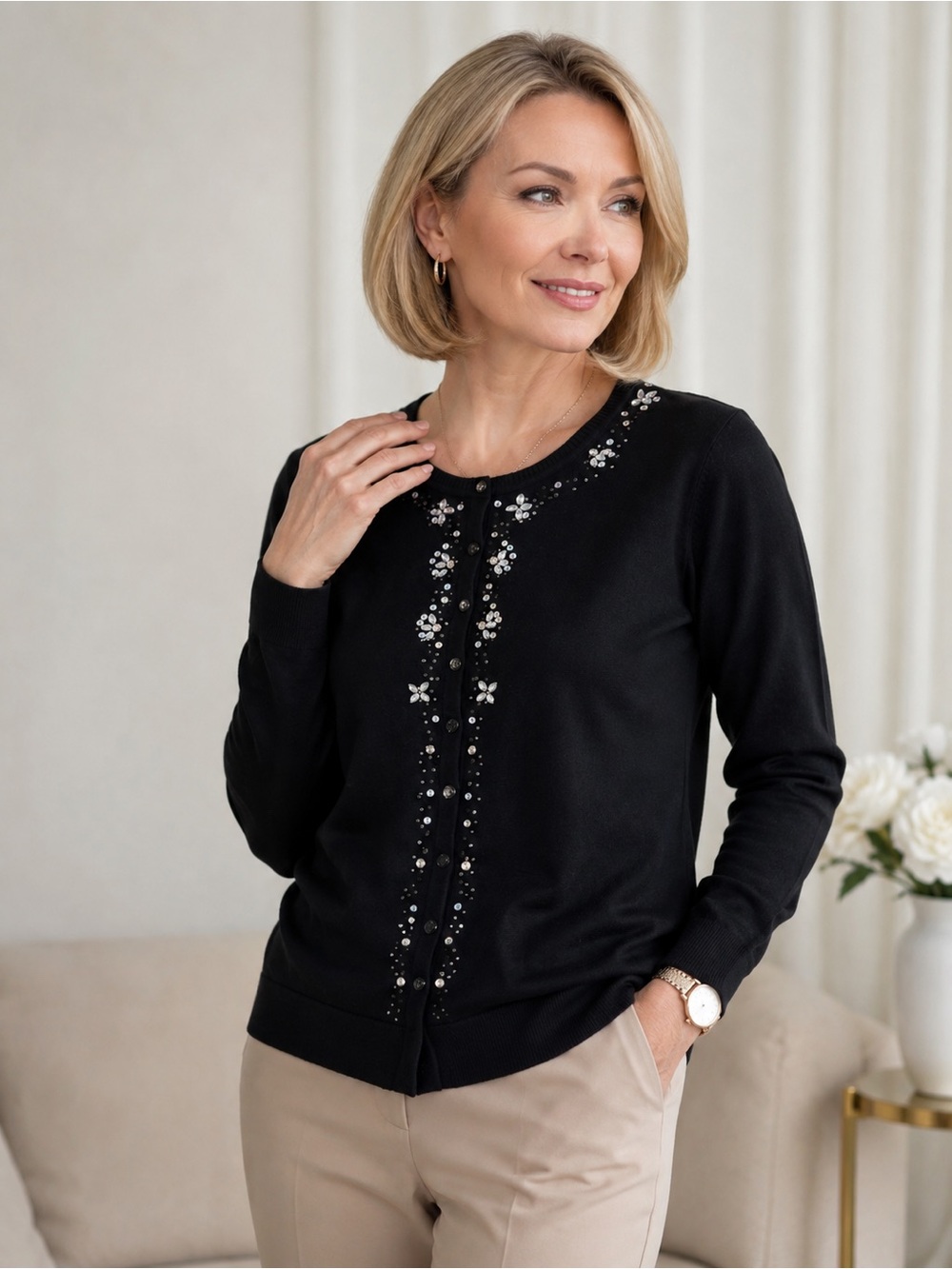 Croft & Barrow Women’s Black Embellished Cardigan Size L NWT